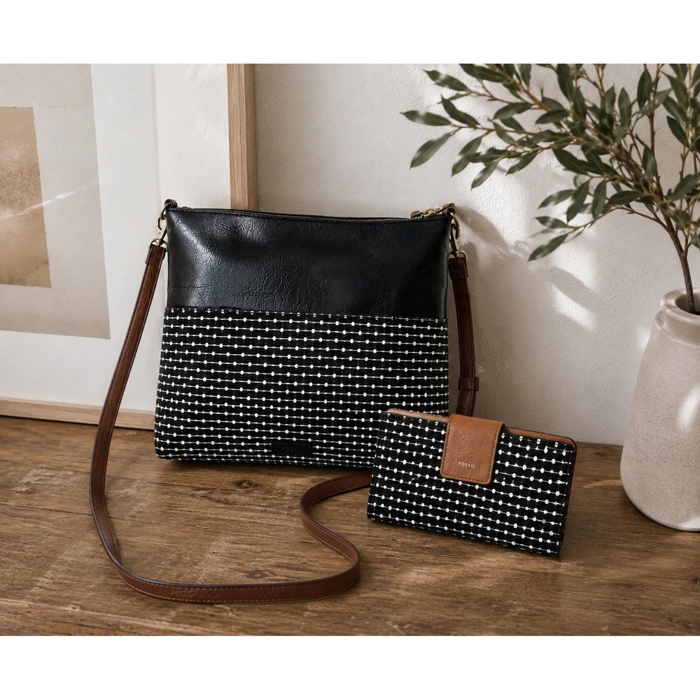 FOSSIL Matching Wallet & Bag Fiona Crossbody Purse Logan Clutch Black White Set